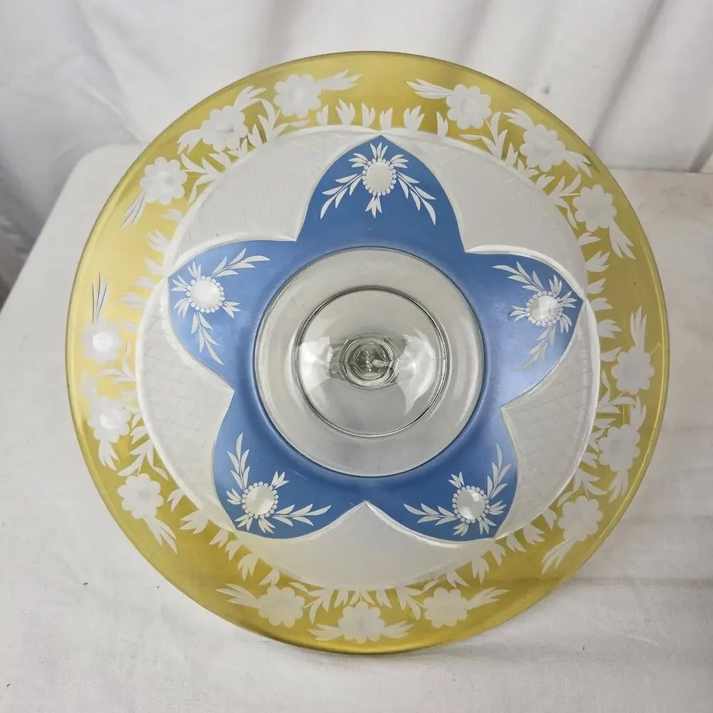 Vintage Westmoreland Crystal Blue Yellow Floral Cut Glass Sandwich Tray Dessert